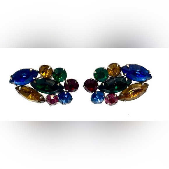 Vintage Fruit Salad Multi Colored Prong Set Faceted Crystal Screw Back Earrings - Picture 7 of 9